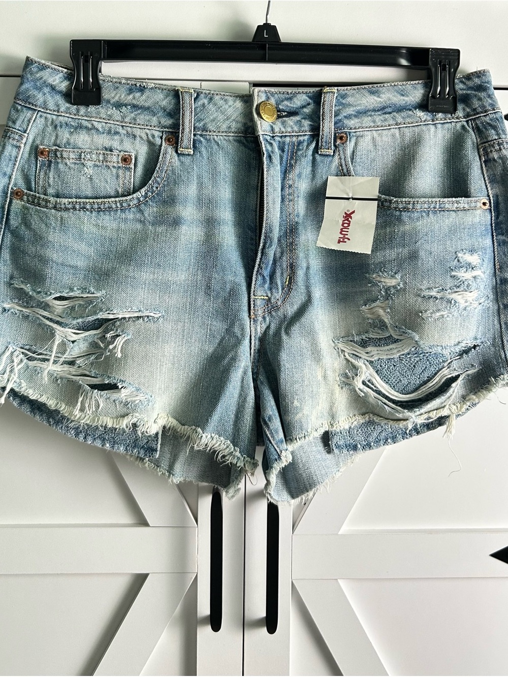 Hi-Rise Festival Light Blue Distressed Denim Shorts